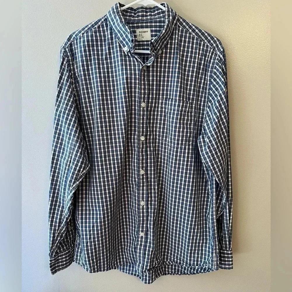 Old Navy Mens Casual Office Blue White Shirt Button Down Plaid Large Collared